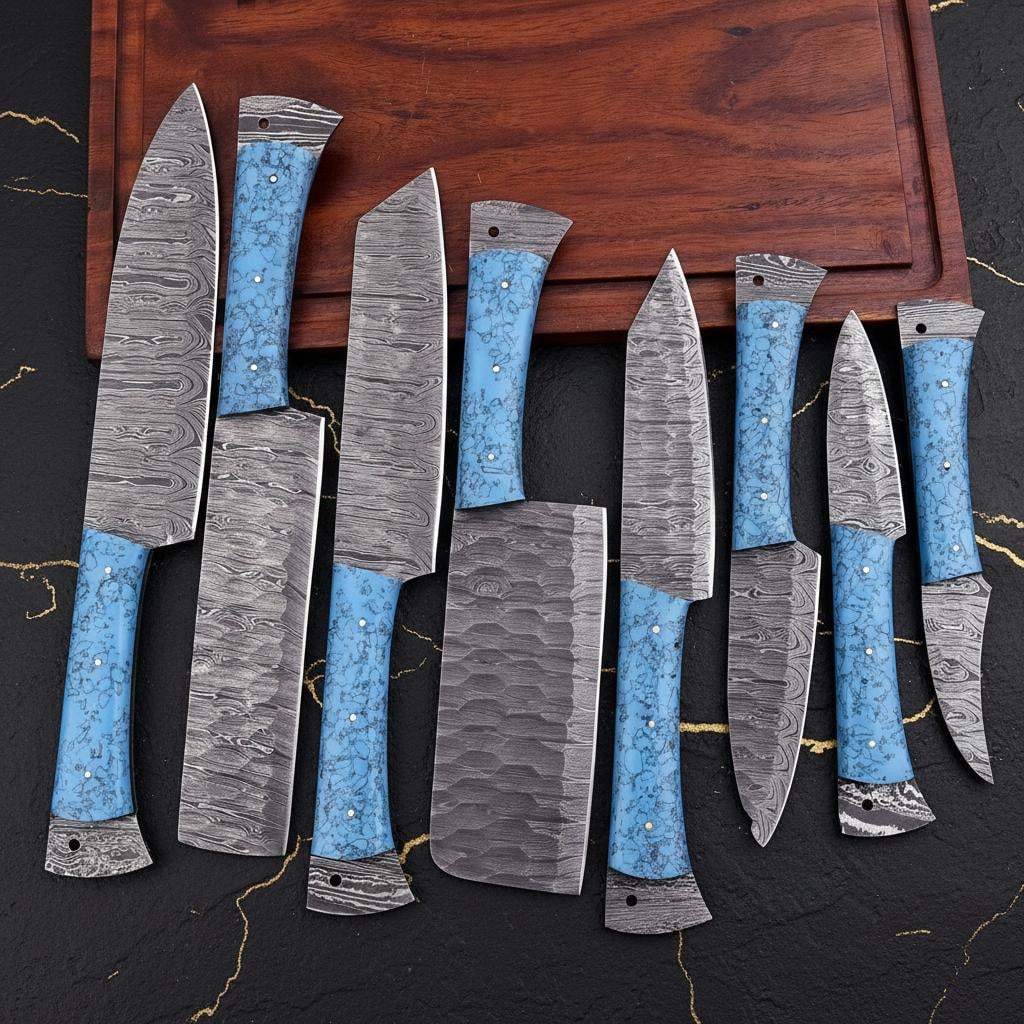 Hammered Damascus Steel 8pc Kitchen Knife Set with Turquoise Resin Handles and Leather Roll Bag - 2