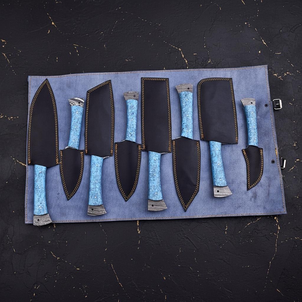 Hammered Damascus Steel 8pc Kitchen Knife Set with Turquoise Resin Handles and Leather Roll Bag - 3
