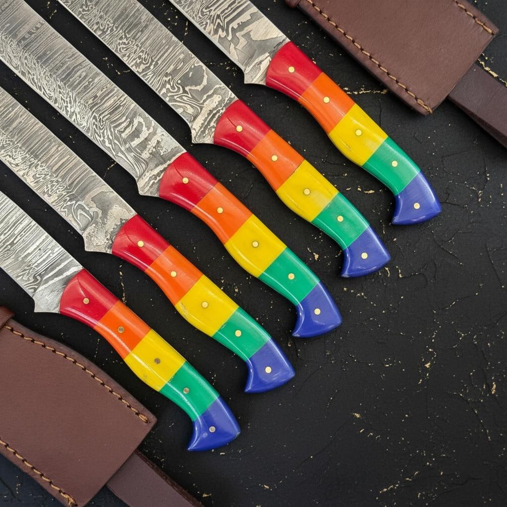Set of 5 Hand Forged Damascus Steel Brisket Knives 10" Blade Rainbow Resin Handle - 2