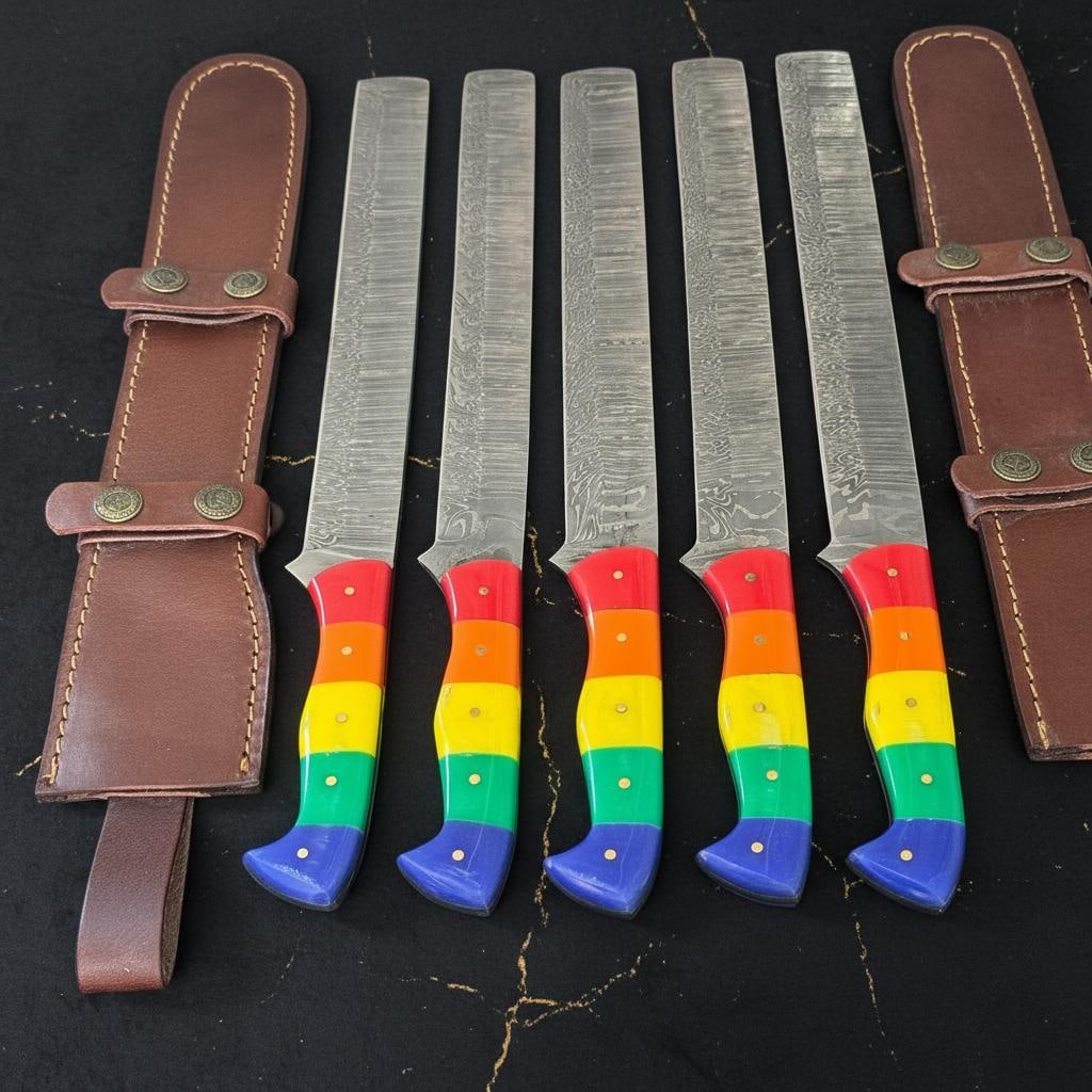 Set of 5 Hand Forged Damascus Steel Brisket Knives 10" Blade Rainbow Resin Handle - 3
