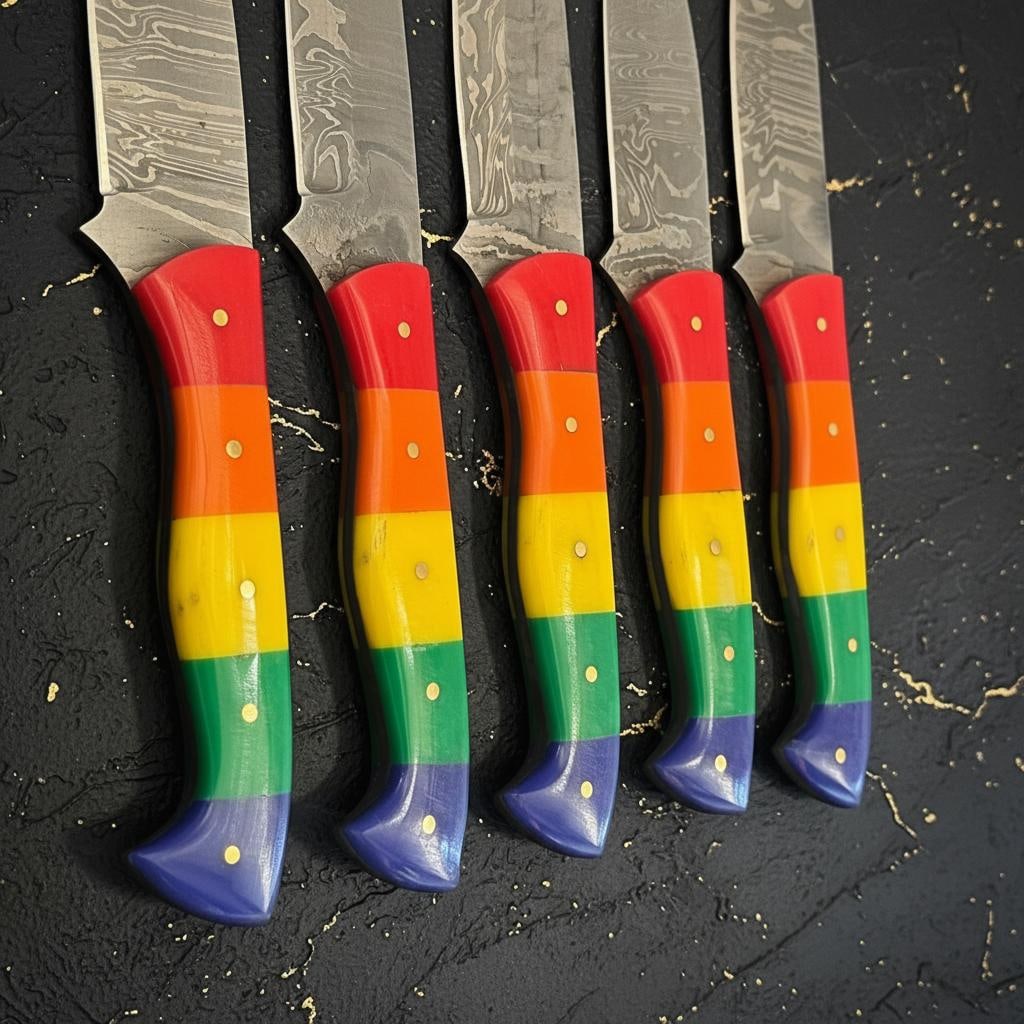 Set of 5 Hand Forged Damascus Steel Brisket Knives 10" Blade Rainbow Resin Handle - 5