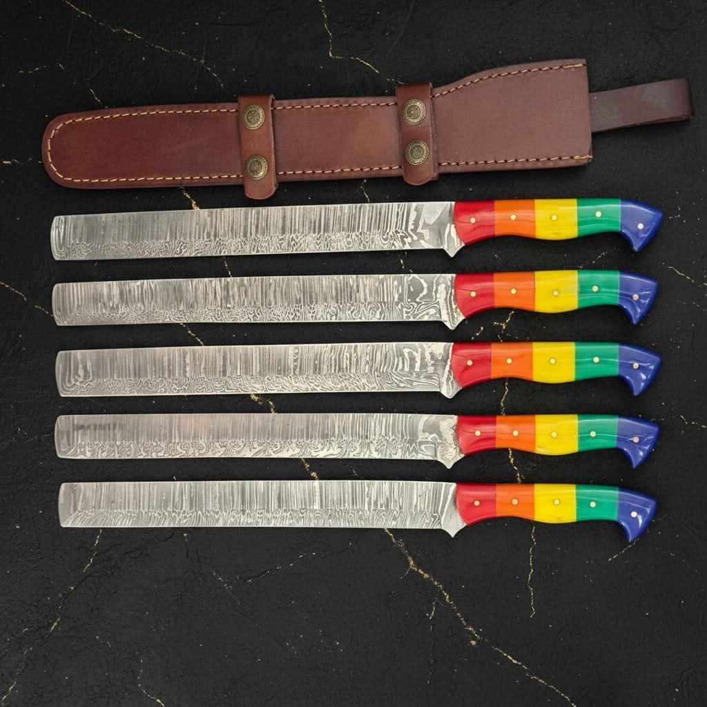 Set of 5 Hand Forged Damascus Steel Brisket Knives 10" Blade Rainbow Resin Handle - 7