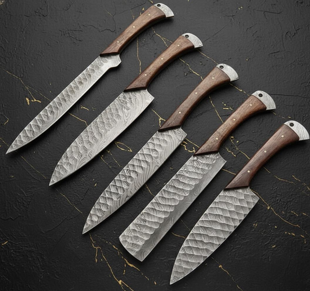 Twist Pattern Damascus Steel 5-Piece Knife Set, Hand Forged Kitchen & Chef Blades (1 of 2)