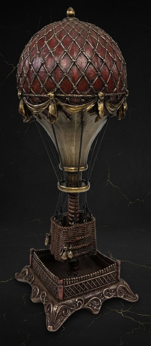 Steampunk Hot Air Balloon Statue with Wind Up Table Clock 12" Bronze Finish Decor - 2