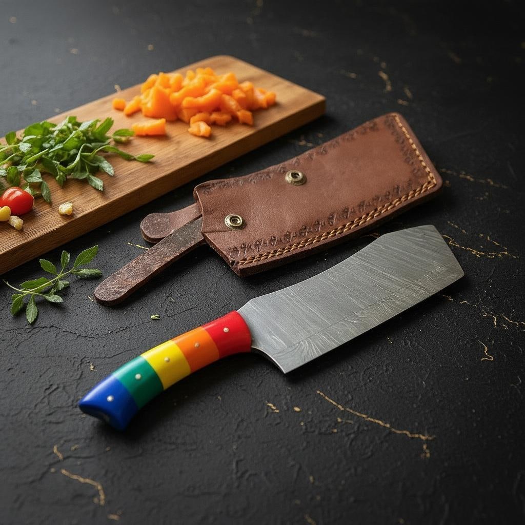 Handmade 11" Damascus Steel Cleaver Knife with Colorful Resin Handle & Sheath - 2