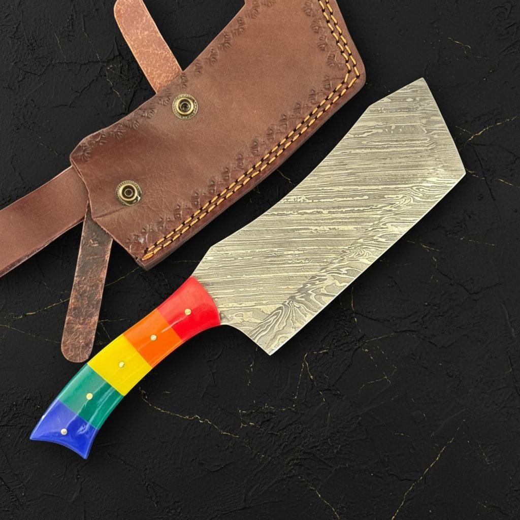 Handmade 11" Damascus Steel Cleaver Knife with Colorful Resin Handle & Sheath - 3