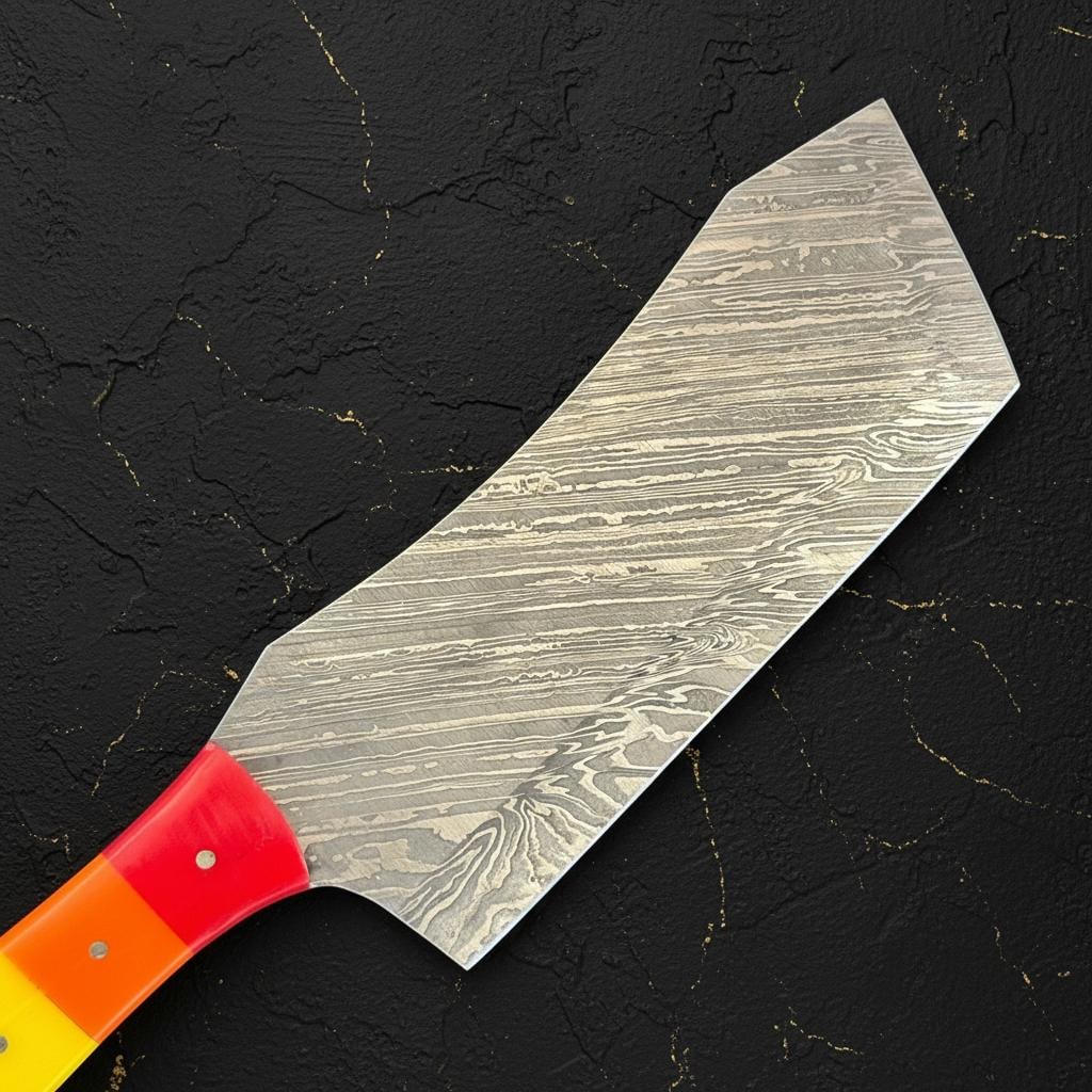 Handmade 11" Damascus Steel Cleaver Knife with Colorful Resin Handle & Sheath - 4