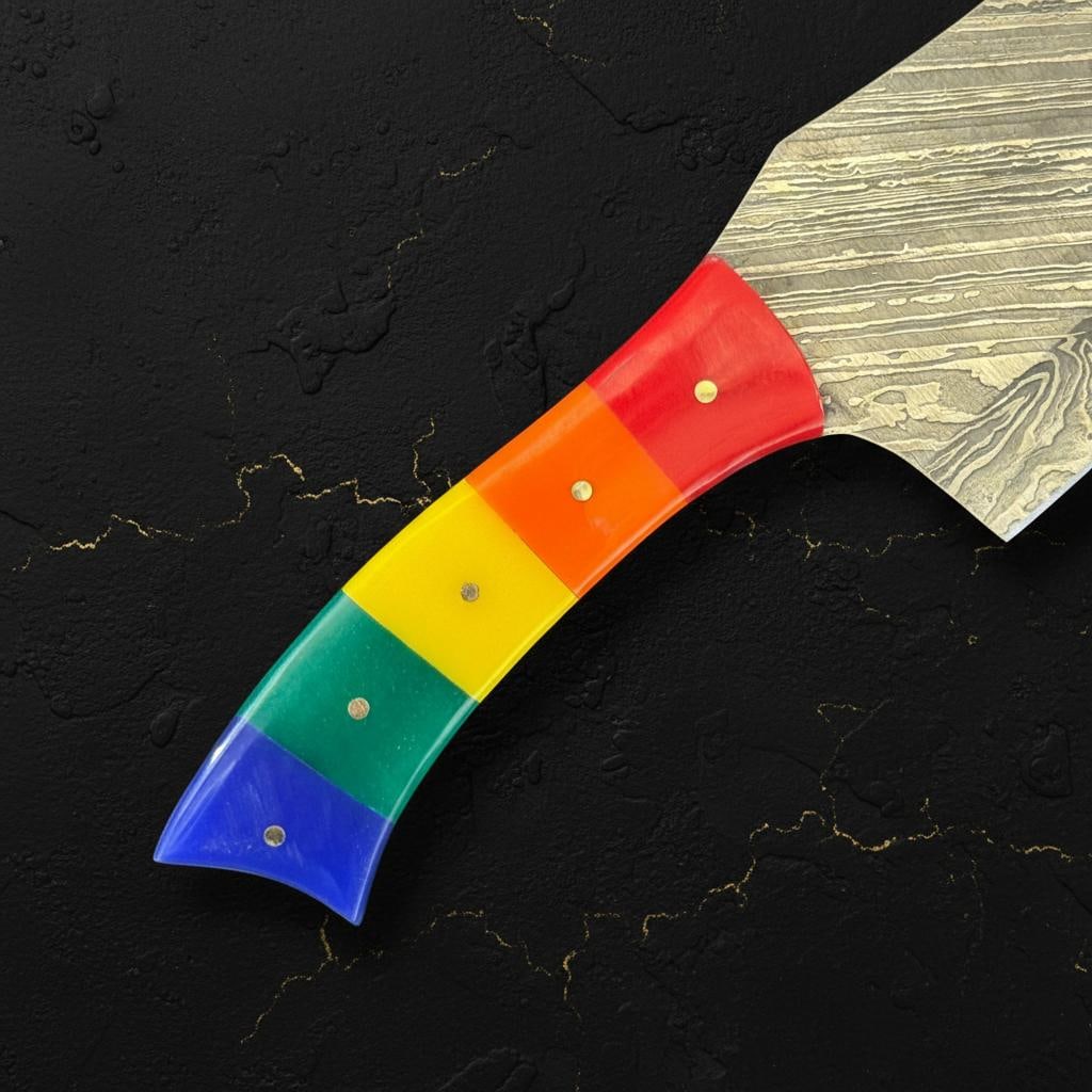 Handmade 11" Damascus Steel Cleaver Knife with Colorful Resin Handle & Sheath - 5