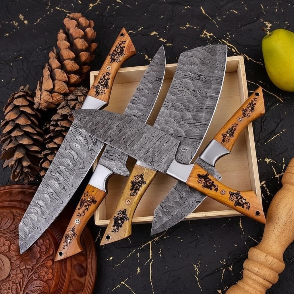 Hand Forged 5pc Chef Knife Set with Engraved Cocobolo Wood Handles Damascus Pattern - 3