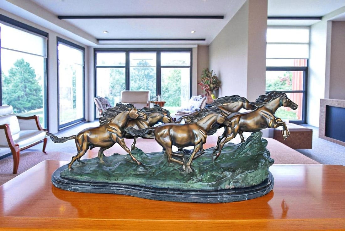 Running Horses Bronze Statue on Marble Base 47" x 20" x 17"H - 2