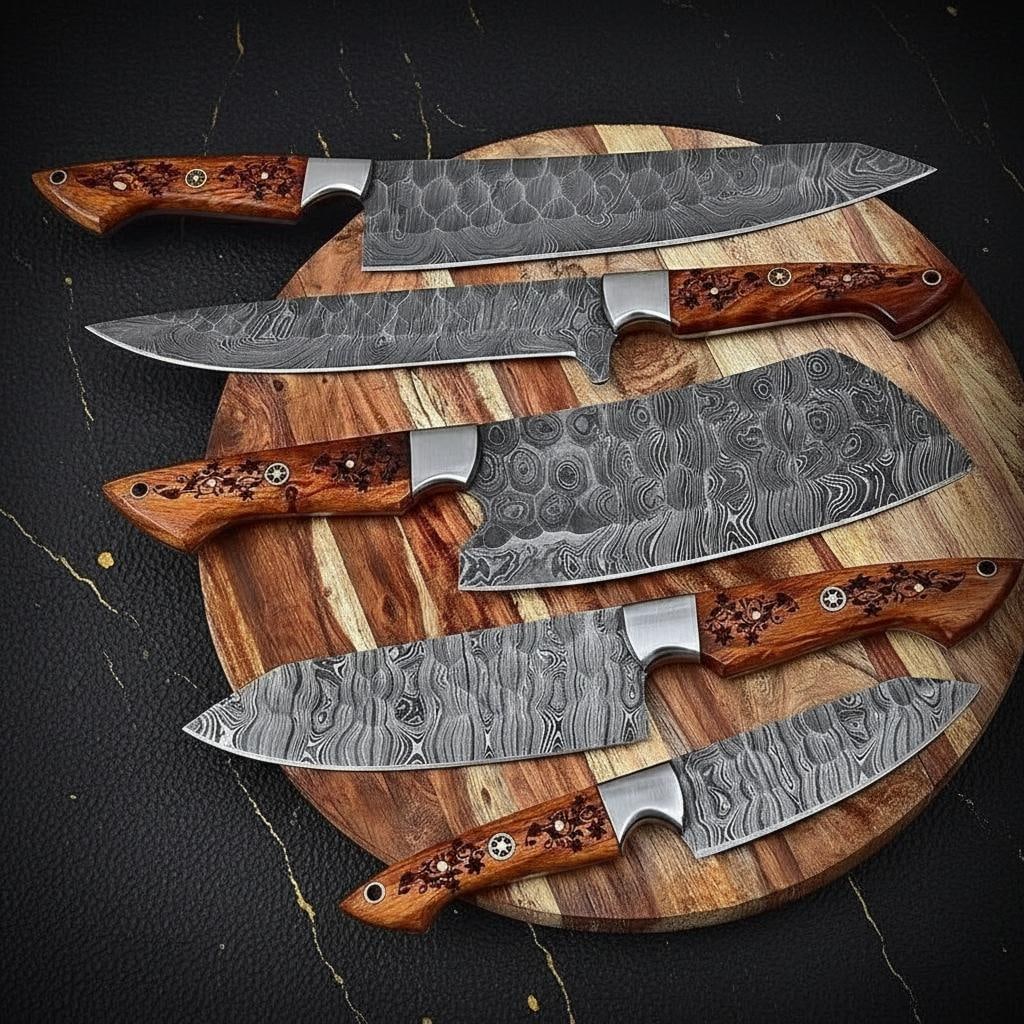 Hand Forged 5pc Kitchen Knife Set Twist Pattern Damascus Steel with Wood Handles - 2
