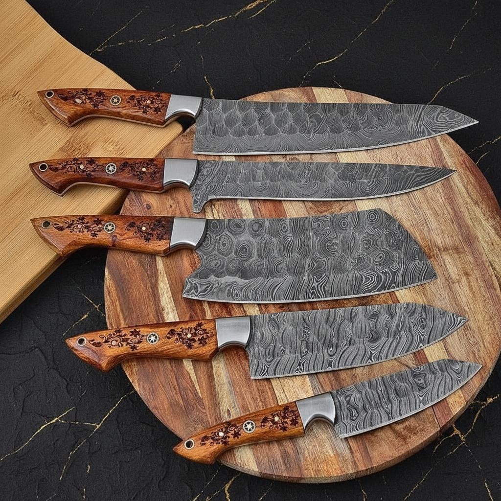 Hand Forged 5pc Kitchen Knife Set Twist Pattern Damascus Steel with Wood Handles - 3