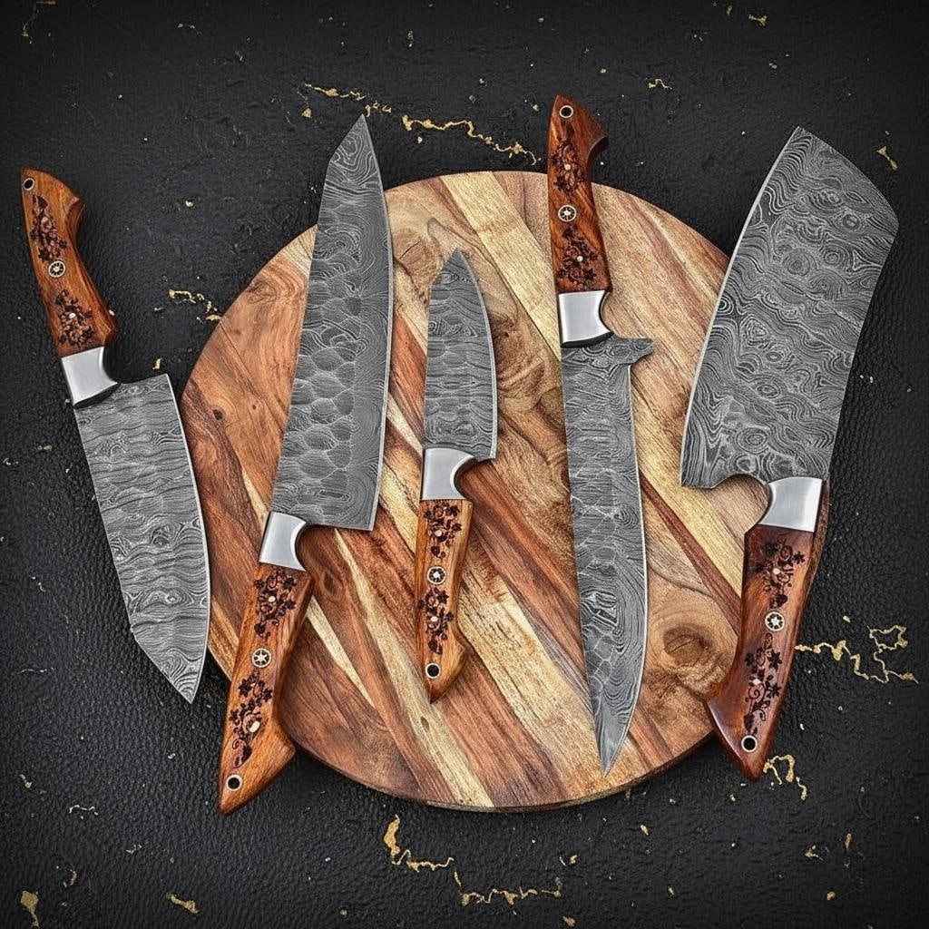 Hand Forged 5pc Kitchen Knife Set Twist Pattern Damascus Steel with Wood Handles - 5
