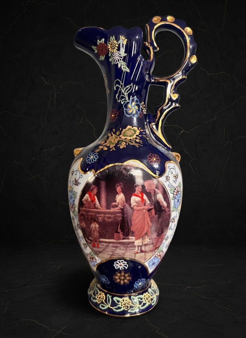 Cobalt Blue Limoges Porcelain Pitcher Vase with Gold Accents, A Very Nice Vintage Piece - 2