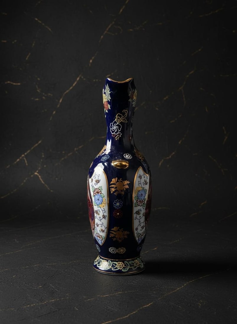 Cobalt Blue Limoges Porcelain Pitcher Vase with Gold Accents, A Very Nice Vintage Piece - 3