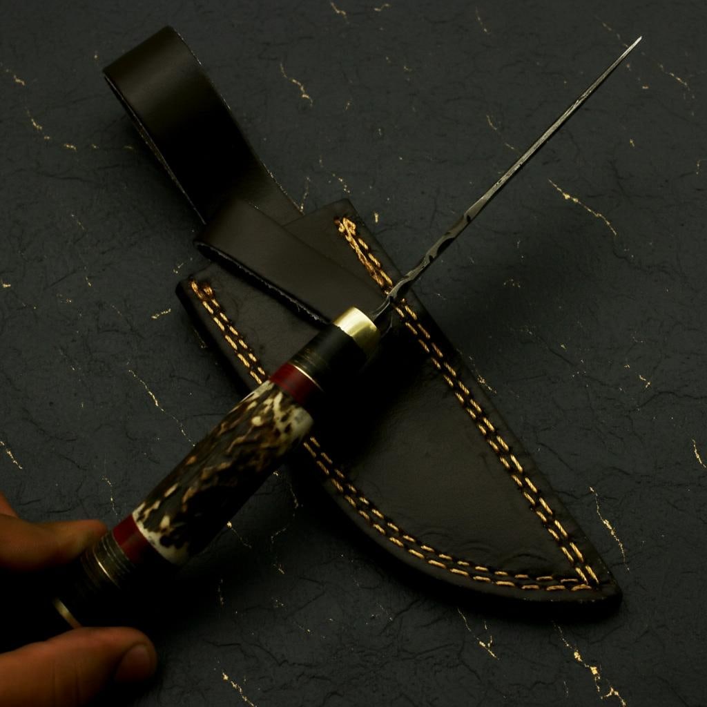 Stag Horn & Pakka Wood Damascus Hunting Knife, 9" Fixed Blade with Leather Sheath - 5