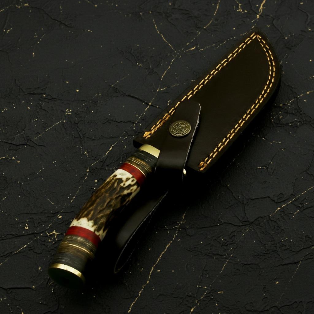 Stag Horn & Pakka Wood Damascus Hunting Knife, 9" Fixed Blade with Leather Sheath - 6