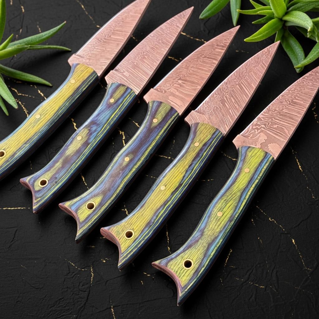 5 Full Tang Damascus Steel Steak Knives with Handcrafted Wood and Resin Handles - 5