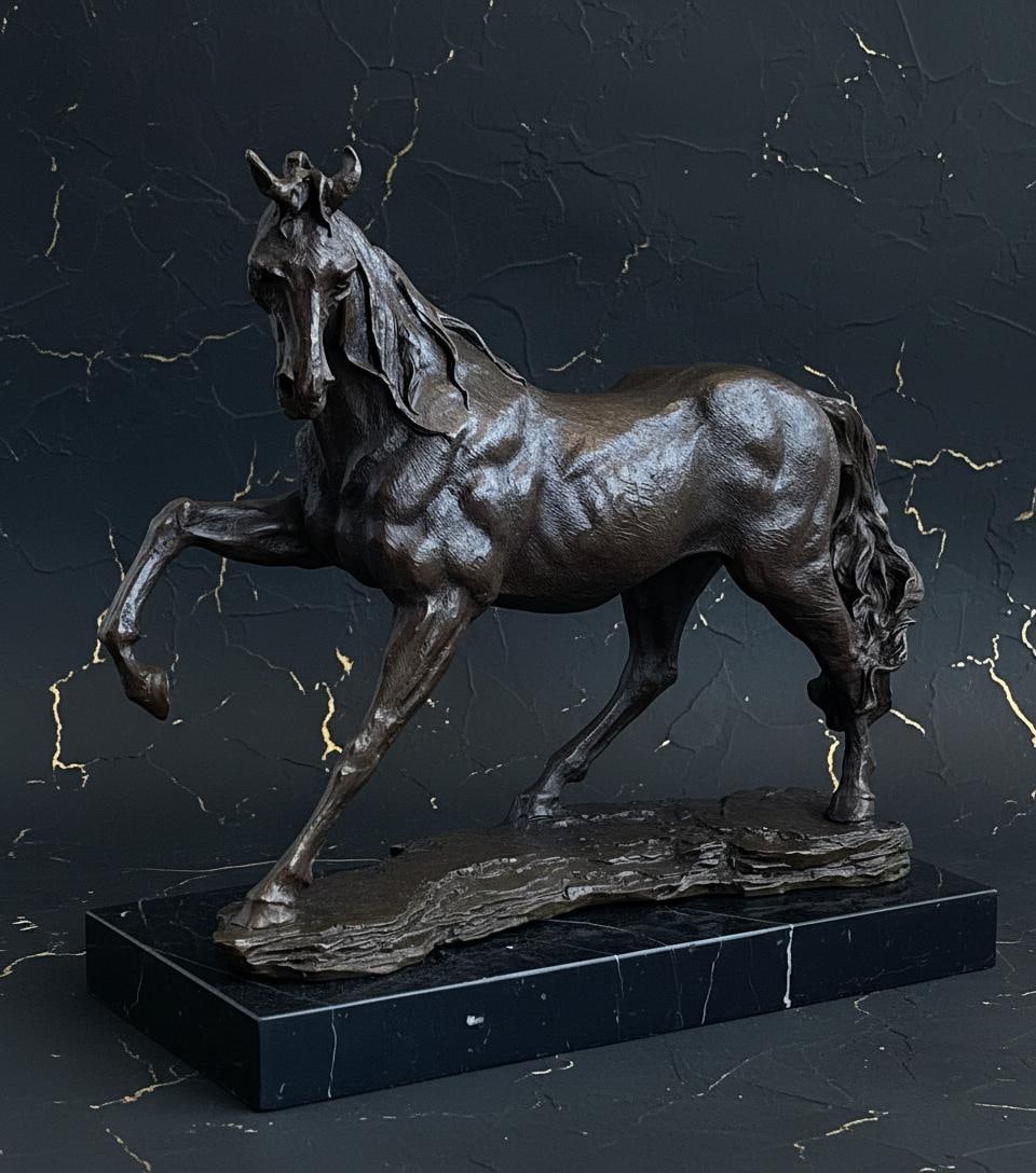 Milo Signed Bronze Sculpture, Galloping Arabian Horse Modern Art on Marble Base: Title:Milo Signed Bronze Sculpture, Galloping Arabian Horse Modern Art on Marble BaseDescription:This captivating bronze statue captures the untamed spirit of a galloping Arabian Thoroughbred horse,