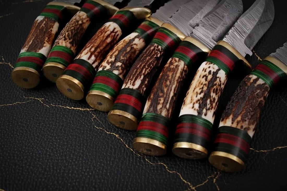 Set of 2 Handmade 8" Damascus Steel Skinner Hunting Knives with Stag Antler Handles - 3