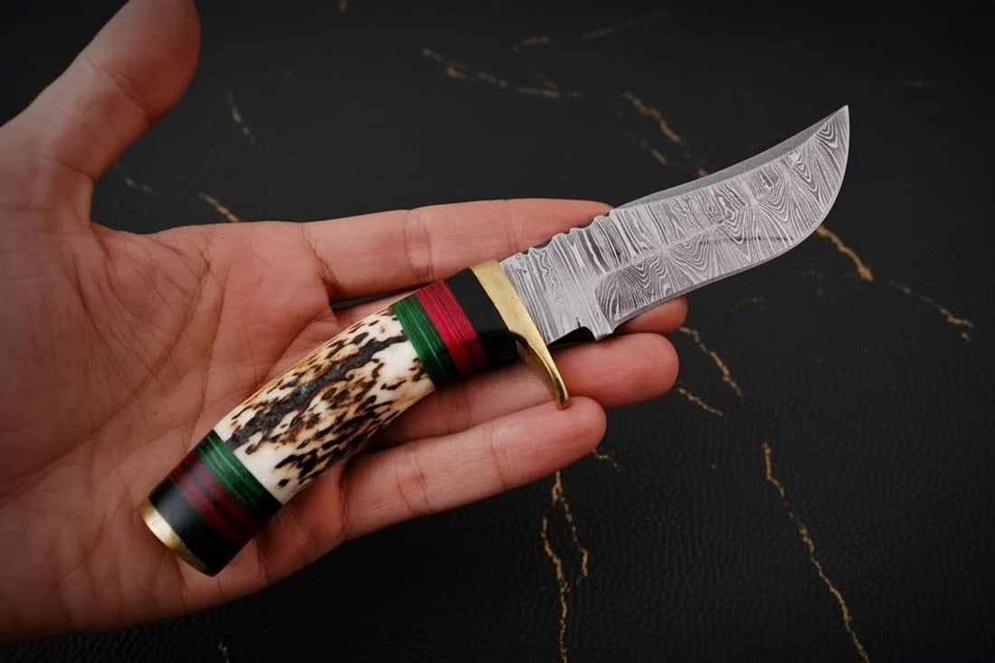 Set of 2 Handmade 8" Damascus Steel Skinner Hunting Knives with Stag Antler Handles - 8