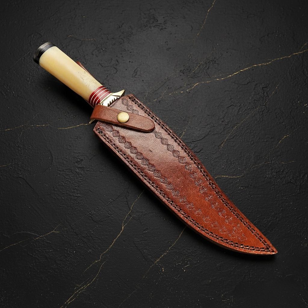 13" Hand Forged Damascus Steel Dagger Knife with Bone Handle and Brass Bolster - 5