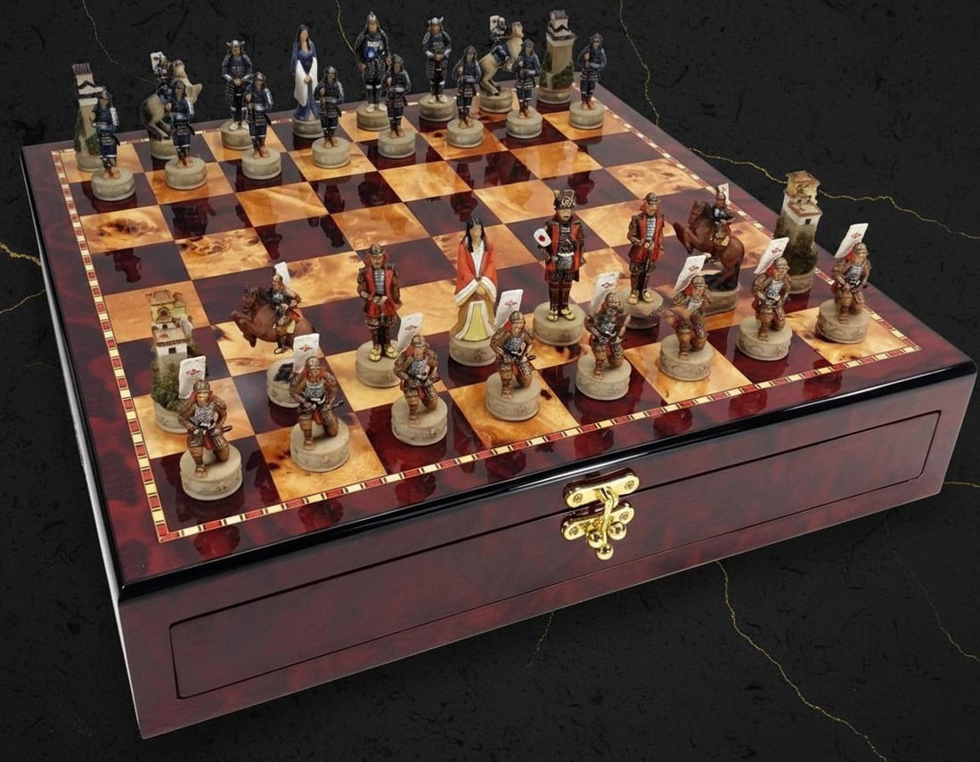 Hand Painted Samurai Warrior Chess Set Solid Resin Pieces with Gloss Cherry Storage Board: Title:Hand Painted Samurai Warrior Chess Set Solid Resin Pieces with Gloss Cherry Storage BoardDescription:This listing is for a brand new, complete 32-piece chess set featuring hand painted Japanese