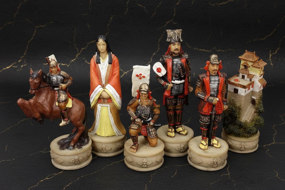 Hand Painted Samurai Warrior Chess Set Solid Resin Pieces with Gloss Cherry Storage Board - 3