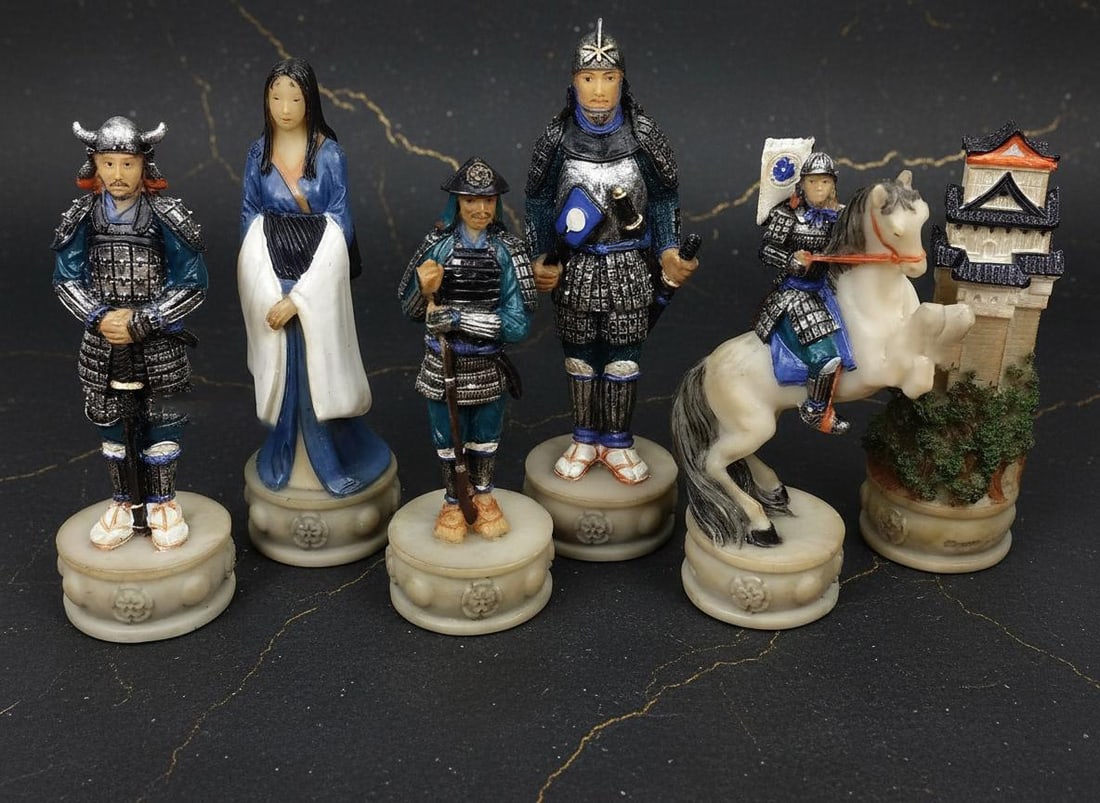 Hand Painted Samurai Warrior Chess Set Solid Resin Pieces with Gloss Cherry Storage Board - 4