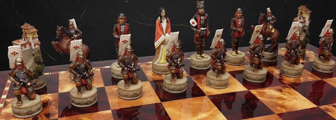 Hand Painted Samurai Warrior Chess Set Solid Resin Pieces with Gloss Cherry Storage Board - 5