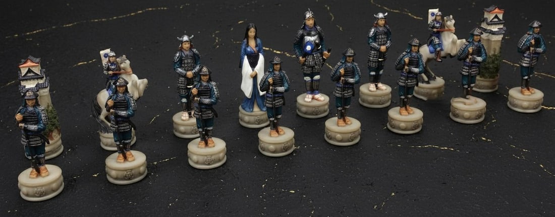 Hand Painted Samurai Warrior Chess Set Solid Resin Pieces with Gloss Cherry Storage Board - 6