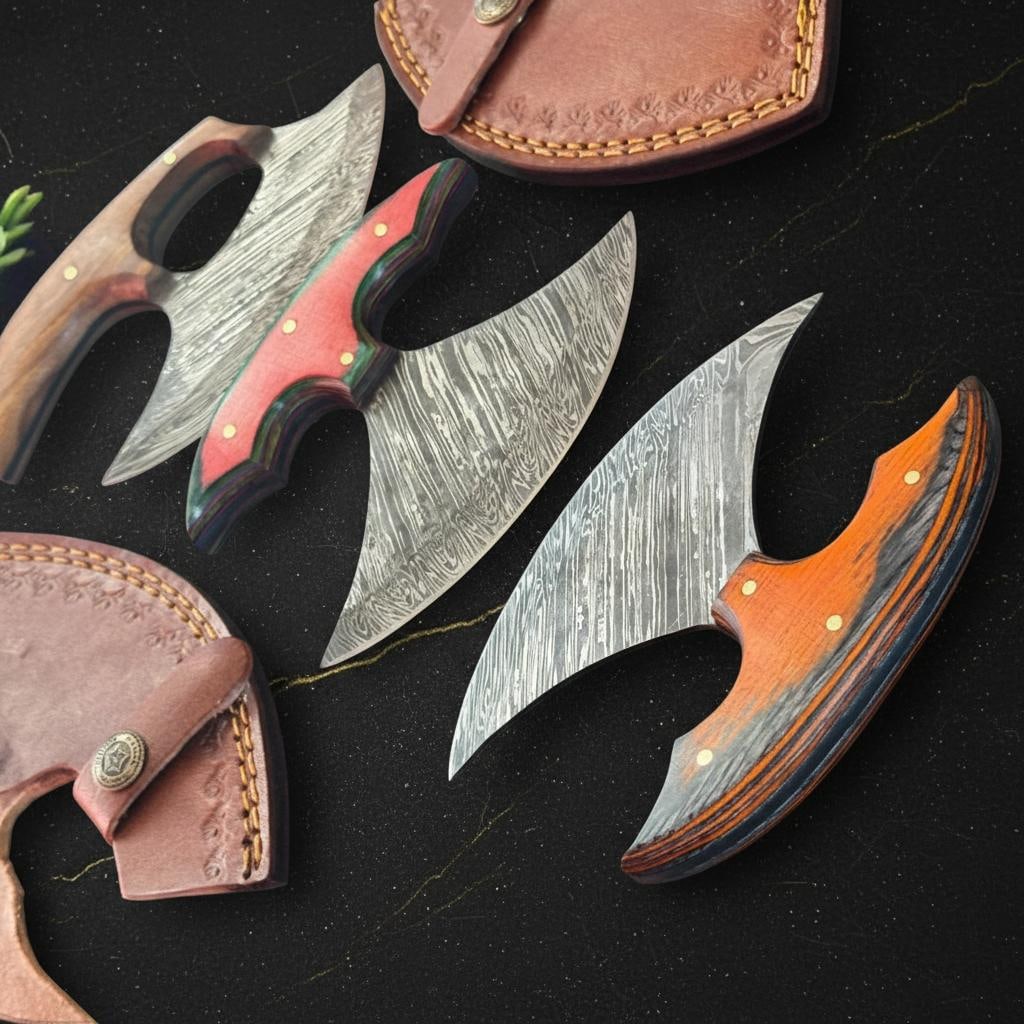 Set of 3 Hand Forged Damascus Steel ULU Knives with Green Pakka Wood Handles - 5