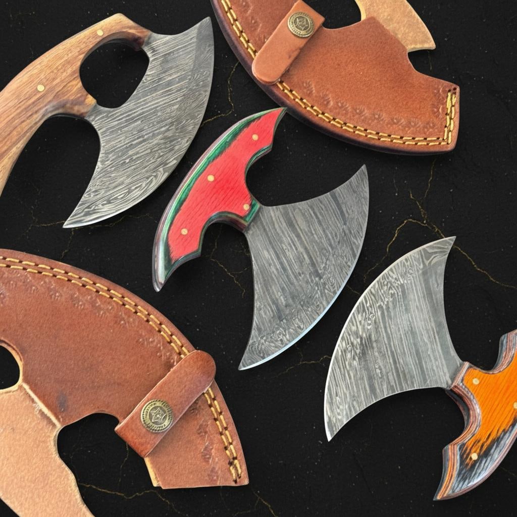 Set of 3 Hand Forged Damascus Steel ULU Knives with Green Pakka Wood Handles - 6