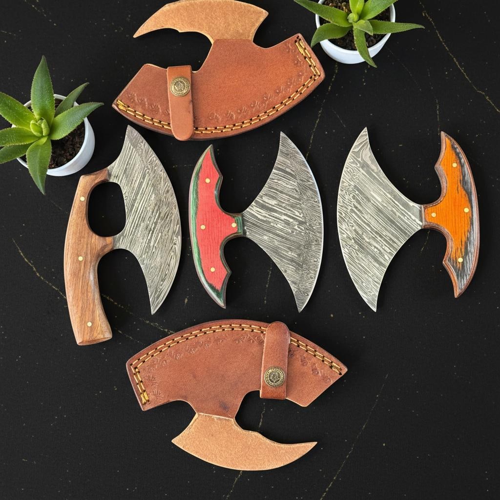 Set of 3 Hand Forged Damascus Steel ULU Knives with Green Pakka Wood Handles - 8