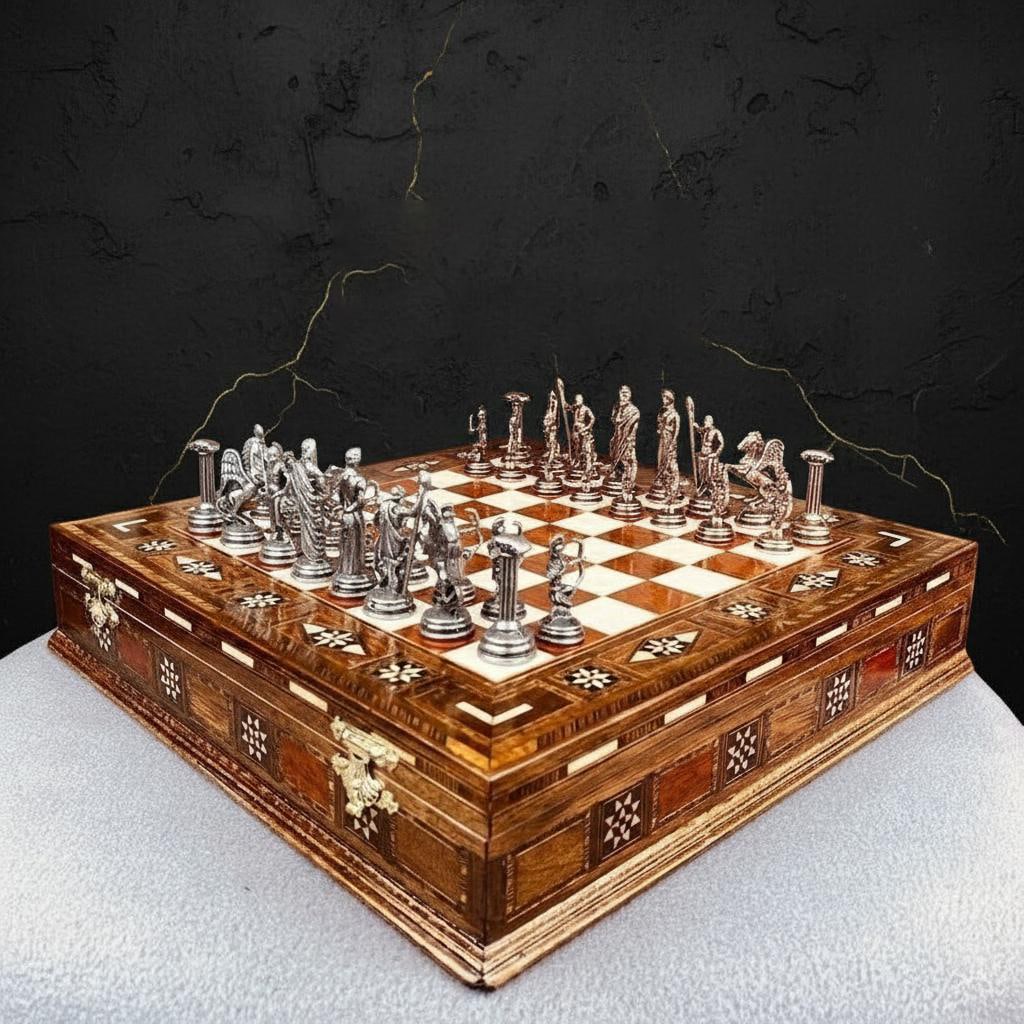 Handmade Greek Mythology Chess Set Metal Olympus Gods & Inlaid Rosewood Storage Board (1 of 9)