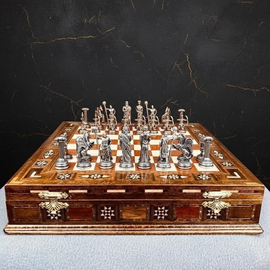 Handmade Greek Mythology Chess Set Metal Olympus Gods & Inlaid Rosewood Storage Board - 2