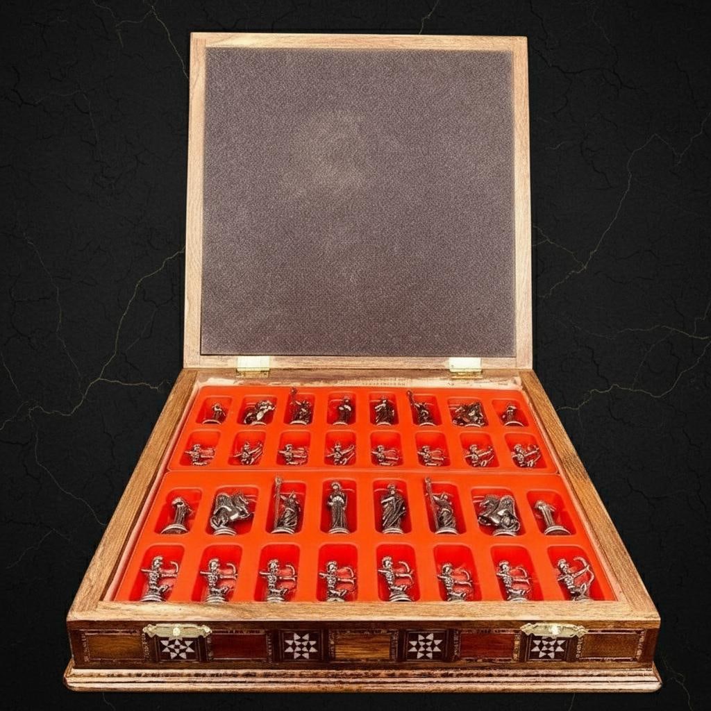 Handmade Greek Mythology Chess Set Metal Olympus Gods & Inlaid Rosewood Storage Board - 4