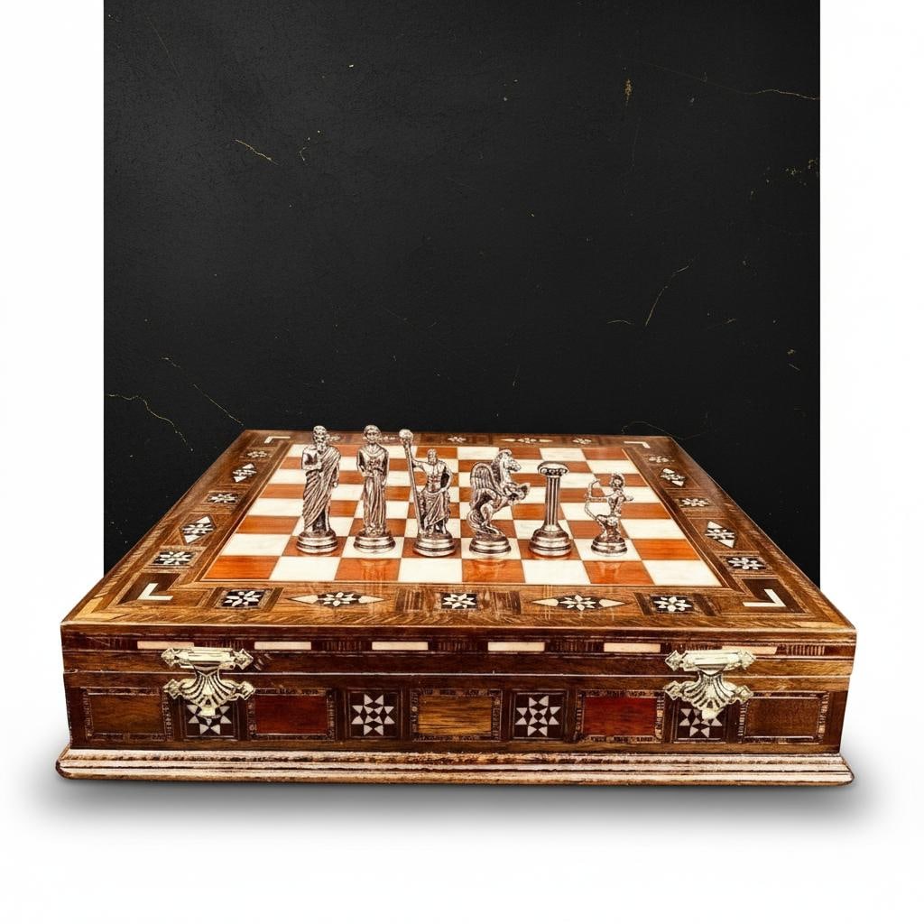 Handmade Greek Mythology Chess Set Metal Olympus Gods & Inlaid Rosewood Storage Board - 9