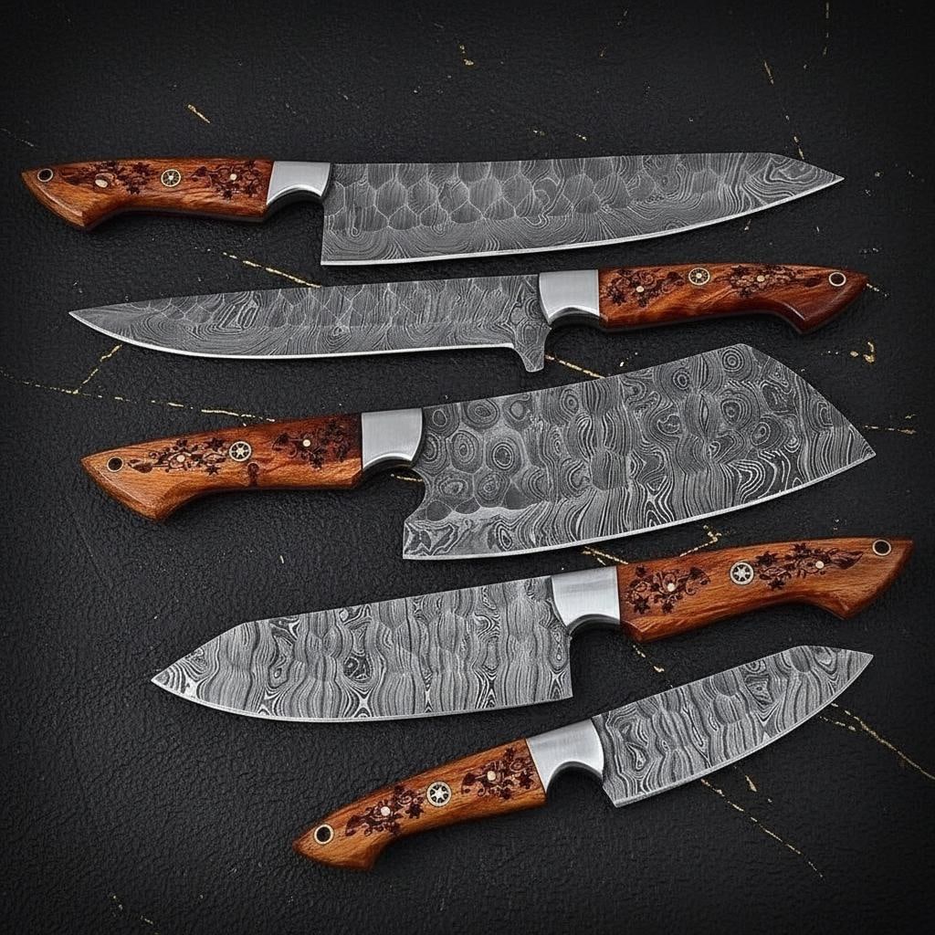 Hand Forged 5pc Damascus Steel Kitchen Knife Set with Twist Pattern & Cleaver (1 of 5)