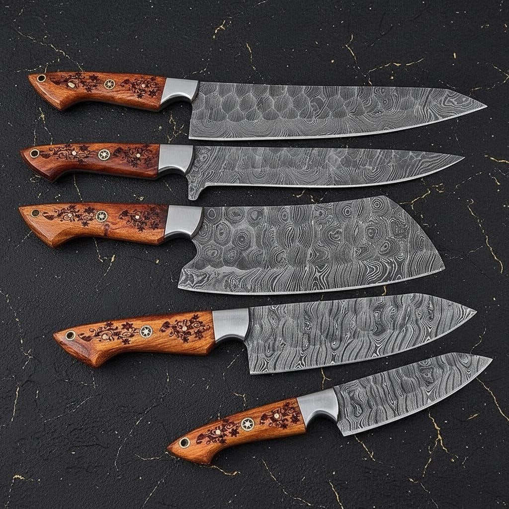 Hand Forged 5pc Damascus Steel Kitchen Knife Set with Twist Pattern & Cleaver - 2