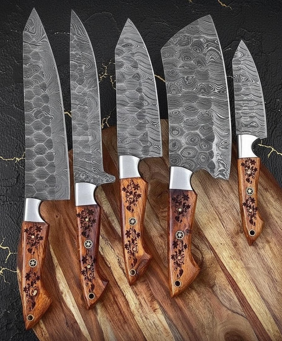Hand Forged 5pc Damascus Steel Kitchen Knife Set with Twist Pattern & Cleaver - 3
