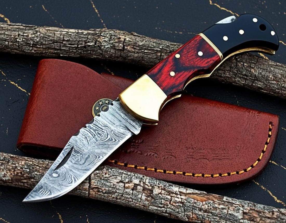 Hand Forged Damascus Steel Pocket Knife with Black Horn, Red Wood & Brass Accents - 4