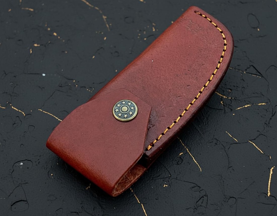 Hand Forged Damascus Steel Pocket Knife with Black Horn, Red Wood & Brass Accents - 5