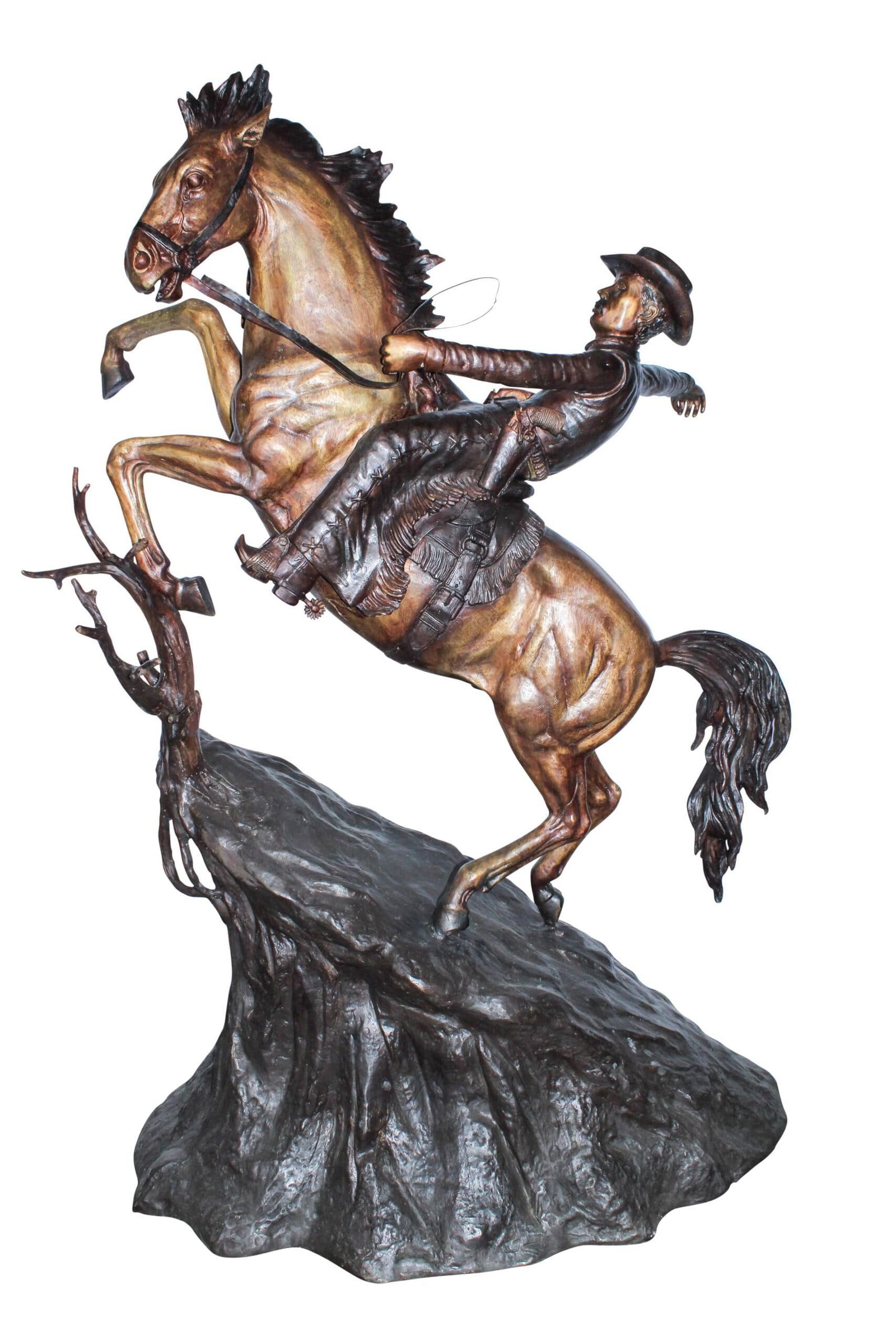 Life Size Bronze Cowboy on Rearing Horse Western Statue 60" x 37" x 81"H: Title:Life Size Bronze Cowboy on Rearing Horse Western Statue 60" x 37" x 81"H Description:This giant life size bronze sculpture shows a cowboy gripping his rearing horse as they climb a rugged rock b