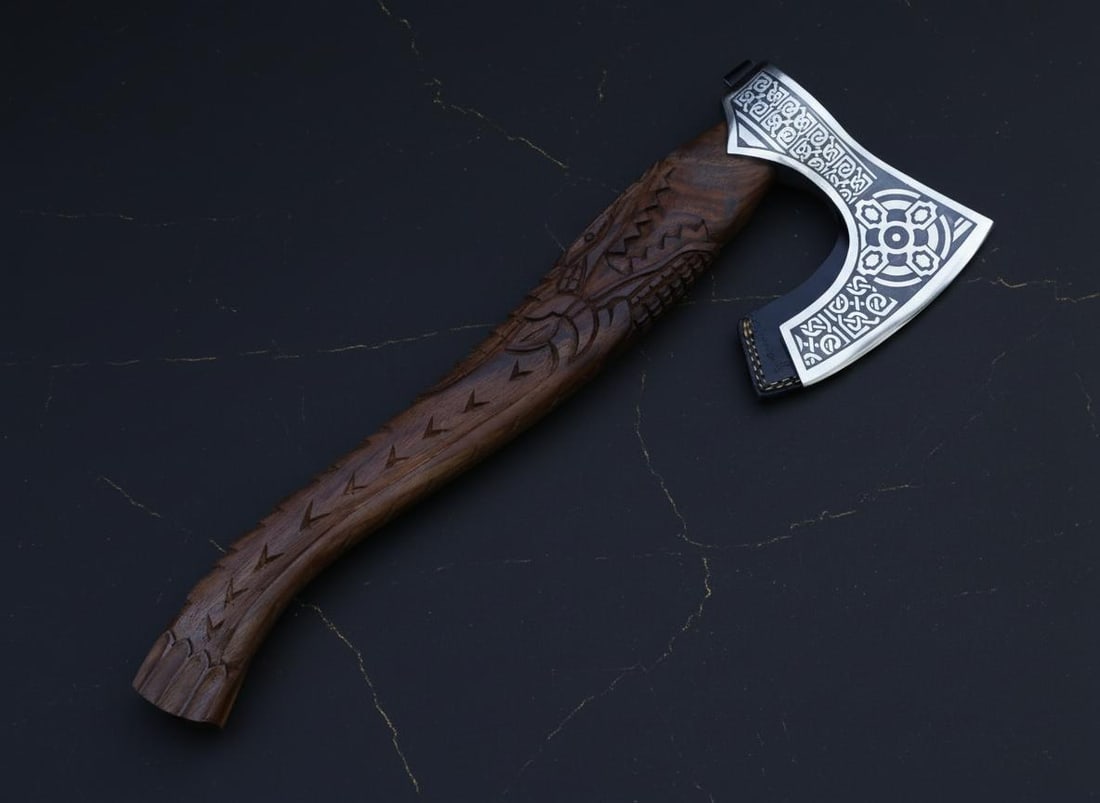 Hand Forged Viking Axe Tomahawk Carbon Steel Blade with Dragon Handle & Sheath (1 of 9)