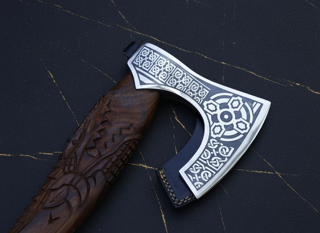 Hand Forged Viking Axe Tomahawk Carbon Steel Blade with Dragon Handle & Sheath - 2