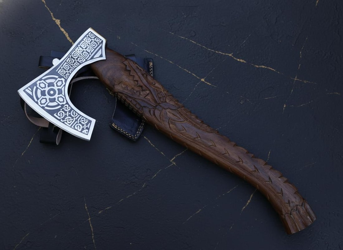 Hand Forged Viking Axe Tomahawk Carbon Steel Blade with Dragon Handle & Sheath - 4