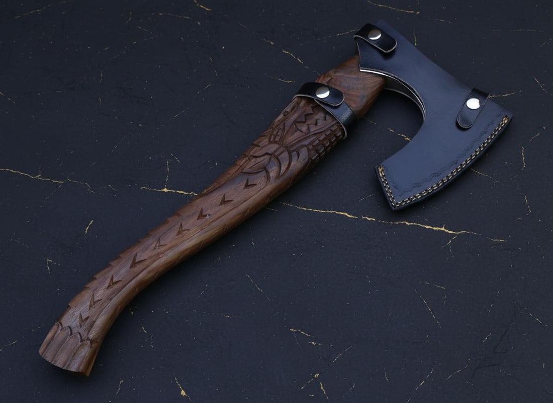 Hand Forged Viking Axe Tomahawk Carbon Steel Blade with Dragon Handle & Sheath - 9