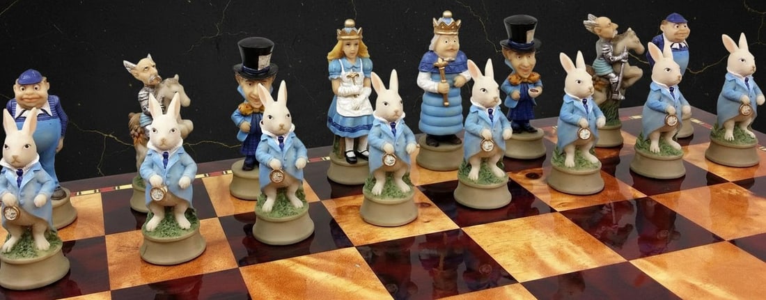 Hand Painted Alice in Wonderland Fantasy Chess Set with Cherry Color Storage Drawer Board - 5