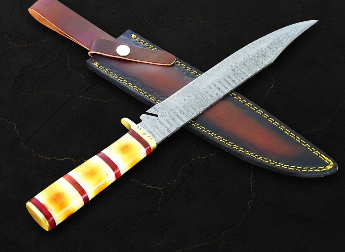 Burnt Camel Bone Handle Bowie Knife with 15" Ladder Damascus Steel Hunting Blade - 3